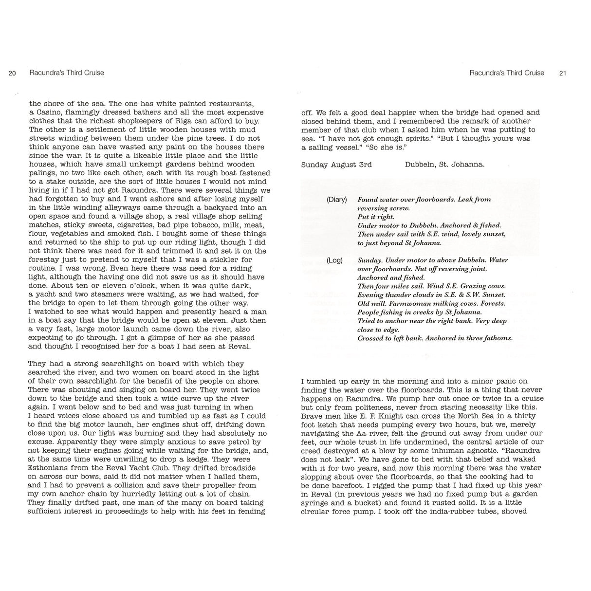 A scanned book page with two columns per page. The left discusses shopping for Harbor Guide; the right features a log entry for Sunday, August 3rd, reflecting the navigation style of Racundra's Third Cruise by Fernhurst Books.
