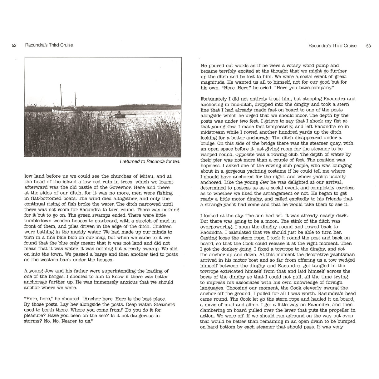 A black-and-white photo of a marshy shoreline with tall grasses and distant masts. Caption: "I returned to Racunda for tea." Inspired by Arthur Ransome’s Racundra's Third Cruise. Published by Fernhurst Books.