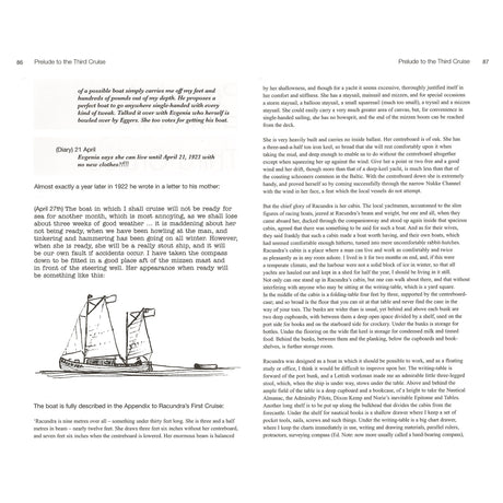 A scanned page from Racundra's Third Cruise (Fernhurst Books) shows a diary excerpt, boat-building text, and a simple black-and-white drawing of a two-sailed sailboat on the lower left, evoking Arthur Ransome’s Swallows & Amazons.