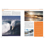A two-page spread from Surfing: A Beginner's Guide by Fernhurst Books. The left page shows a surfer in Hawaii, while the right features surfers on artificial waves with beginner tips in an orange box.