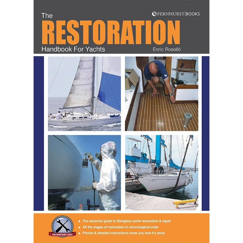 The "Restoration Handbook for Yachts" by Fernhurst Books features a cover with four images of yacht repair—sanding, painting, and deck work—making it a comprehensive guide for yacht restoration.