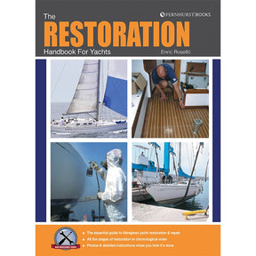 The "Restoration Handbook for Yachts" by Fernhurst Books features a cover with four images of yacht repair—sanding, painting, and deck work—making it a comprehensive guide for yacht restoration.
