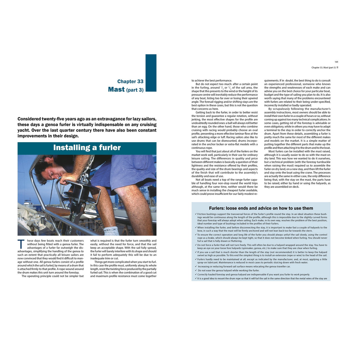 A person kneels on a sailboat deck, installing a furling system on the mast. The page offers mast maintenance tips, installation advice, and a sidebar inspired by Fernhurst Books' Restoration Handbook for Yachts.