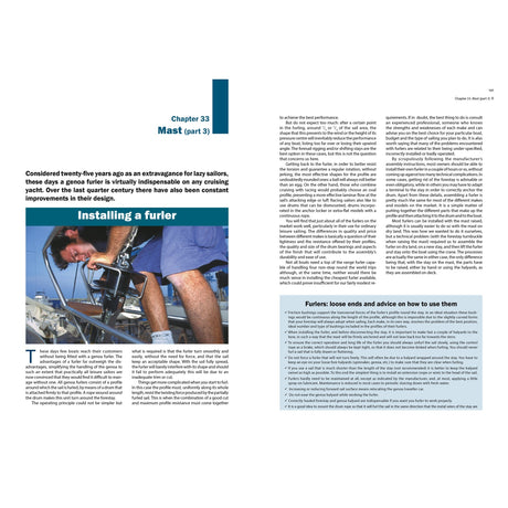 A person kneels on a sailboat deck, installing a furling system on the mast. The page offers mast maintenance tips, installation advice, and a sidebar inspired by Fernhurst Books' Restoration Handbook for Yachts.