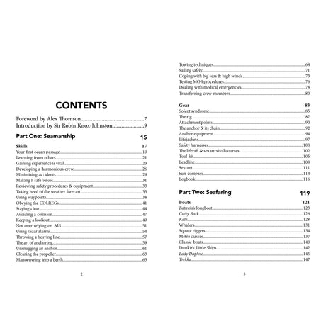 An open copy of *Knox-Johnston on Seamanship & Seafaring* by Fernhurst Books shows a table of contents featuring topics like navigation, safety, emergencies, and weather management at sea, each with listed page numbers.