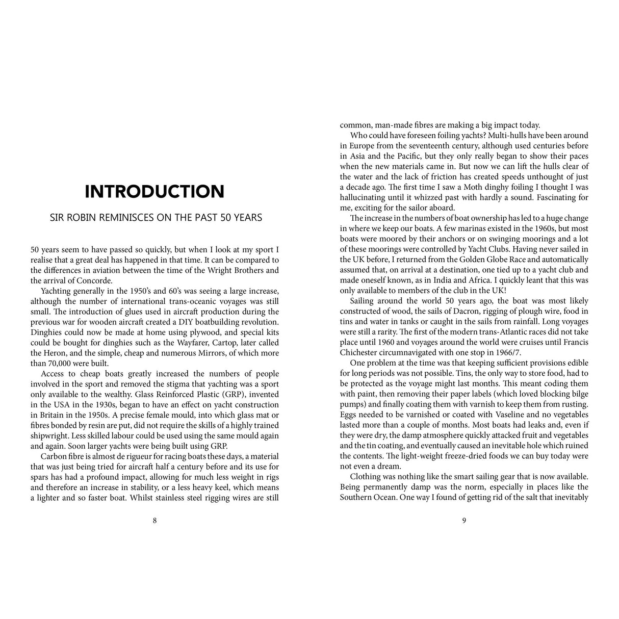 An open copy of "Knox-Johnston on Seamanship & Seafaring" by Fernhurst Books displays the "Introduction: Sir Robin Reminisces on the Past 50 Years," reflecting on the Golden Globe Race and seamanship, with text only and no images or illustrations.