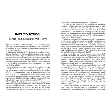 An open copy of "Knox-Johnston on Seamanship & Seafaring" by Fernhurst Books displays the "Introduction: Sir Robin Reminisces on the Past 50 Years," reflecting on the Golden Globe Race and seamanship, with text only and no images or illustrations.