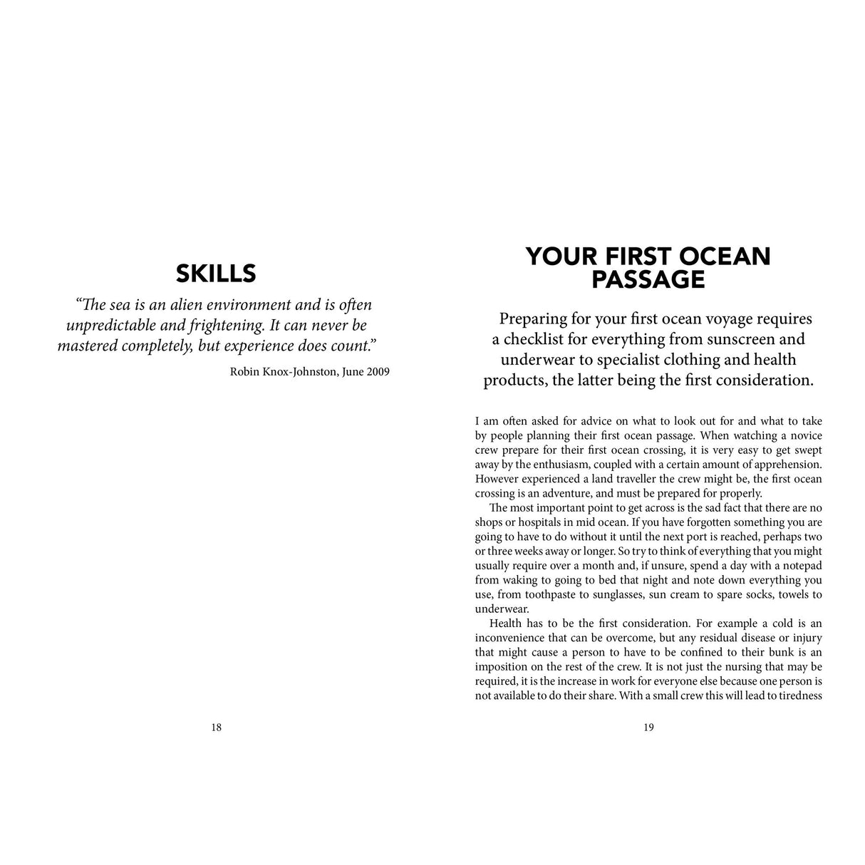 An open spread from *Knox-Johnston on Seamanship & Seafaring* (Fernhurst Books): the left page displays a sailing quote, "SKILLS," and seamanship highlights; the right, titled "YOUR FIRST OCEAN PASSAGE," covers prepping for a solo circumnavigation.
