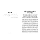 An open spread from *Knox-Johnston on Seamanship & Seafaring* (Fernhurst Books): the left page displays a sailing quote, "SKILLS," and seamanship highlights; the right, titled "YOUR FIRST OCEAN PASSAGE," covers prepping for a solo circumnavigation.