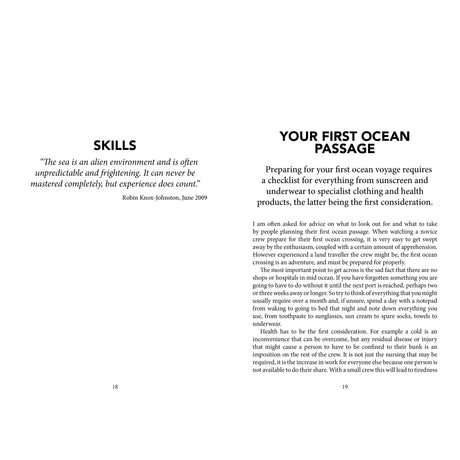 An open spread from *Knox-Johnston on Seamanship & Seafaring* (Fernhurst Books): the left page displays a sailing quote, "SKILLS," and seamanship highlights; the right, titled "YOUR FIRST OCEAN PASSAGE," covers prepping for a solo circumnavigation.