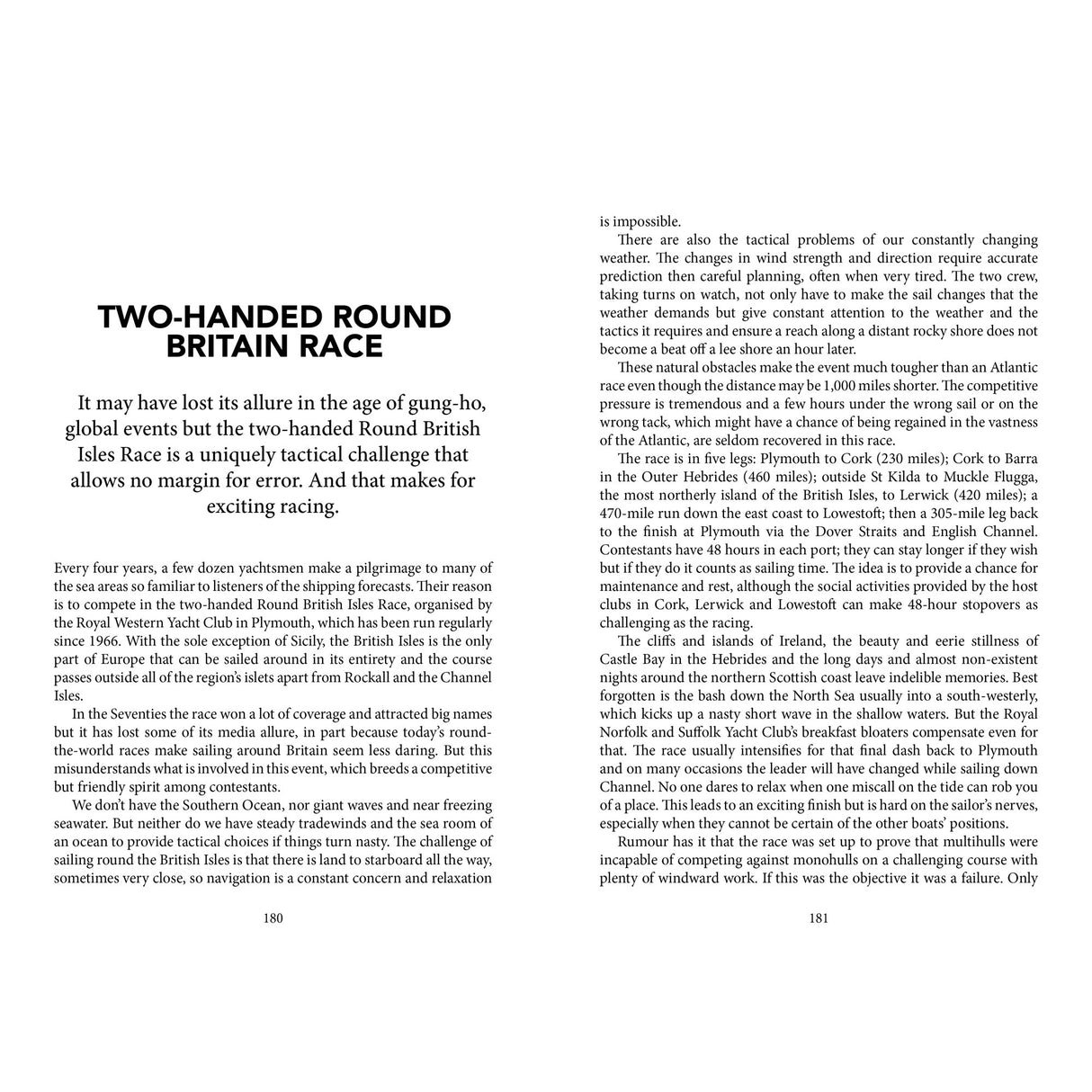 A two-page spread from "Knox-Johnston on Seamanship & Seafaring" by Fernhurst Books features the article "TWO-HANDED ROUND BRITAIN RACE," with dense serif text on pages 180-181 highlighting seamanship.