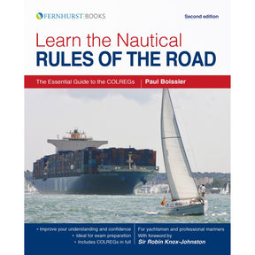 The cover of "Learn the Nautical Rules of the Road" by Fernhurst Books shows a container ship and a sailboat, highlighting COLREGs and collision rules, with the title displayed prominently.