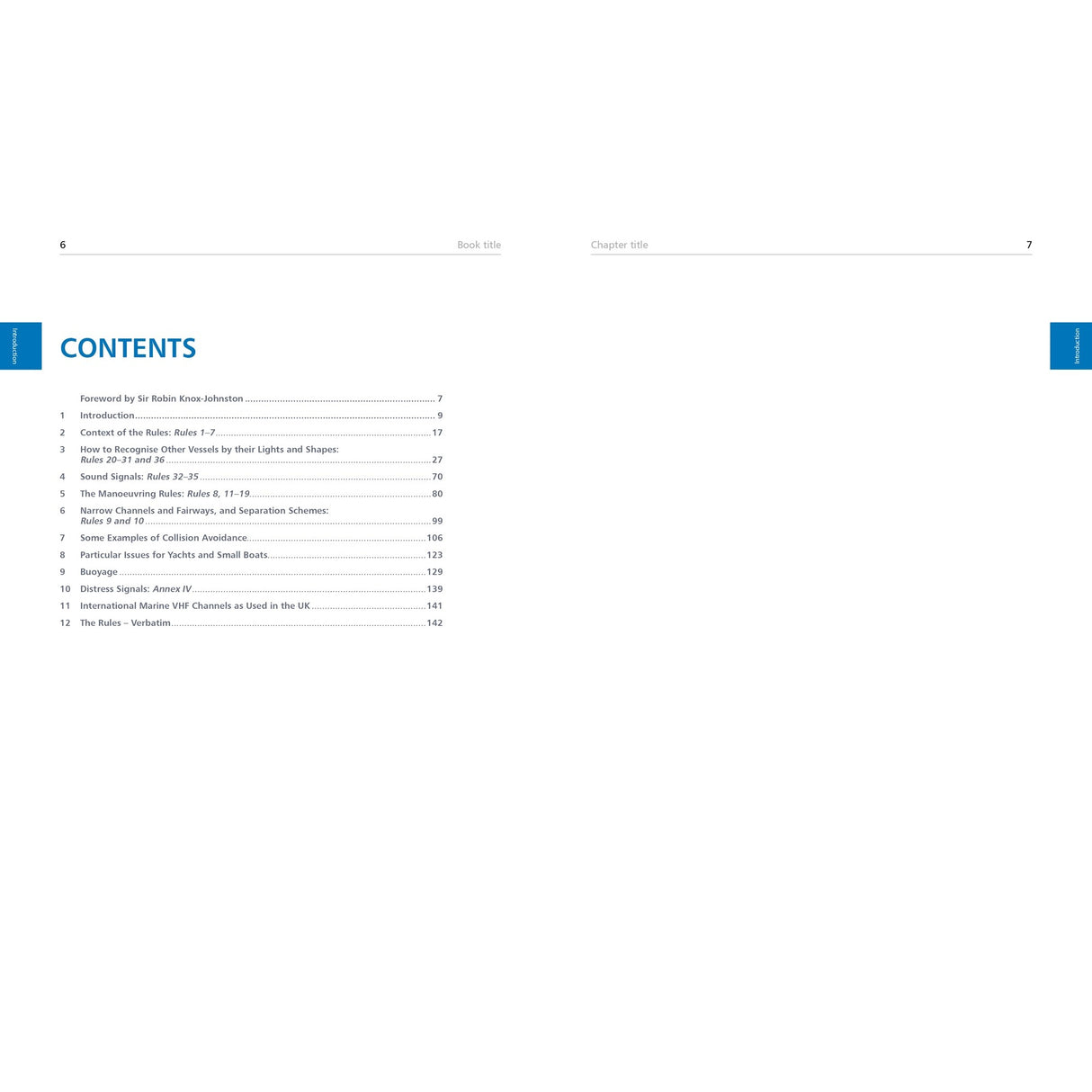 A two-page spread from Fernhurst Books’ "Learn the Nautical Rules of the Road" shows a table of contents with 13 chapters—including COLREGs and nautical exam topics—on the left, while the right page features just a simple header.
