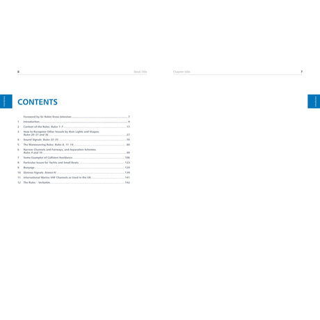 A two-page spread from Fernhurst Books’ "Learn the Nautical Rules of the Road" shows a table of contents with 13 chapters—including COLREGs and nautical exam topics—on the left, while the right page features just a simple header.