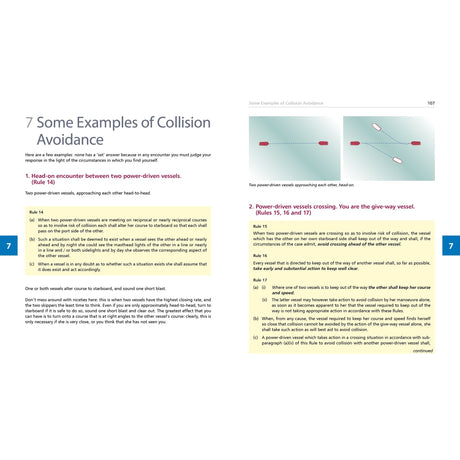 A page from "Learn the Nautical Rules of the Road" by Fernhurst Books features diagrams and rules for head-on and crossing power-driven vessel encounters under COLREGs, helping to illustrate collision avoidance at sea.