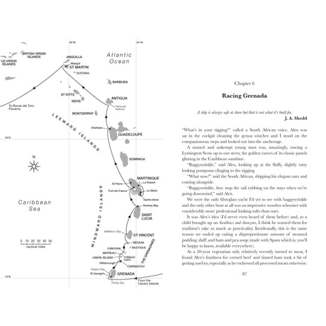 A map on the left displays the Caribbean from Puerto Rico to Grenada. On the right, a page from "In Bed with the Atlantic" by Fernhurst Books features a sailing adventure and dialogue from this inspiring travel memoir.