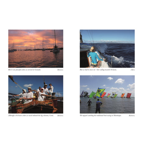 A collage inspired by "In Bed with the Atlantic" from Fernhurst Books: sunset over anchored boats, a sailor steering, a group on a wooden sailboat, and colorful sailboats watched from shore.