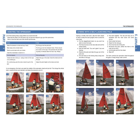 The Mirror Book by Fernhurst Books is a two-page sailing manual with step-by-step instructions for hoisting the spinnaker and gybing with a self-launching pole, plus nine photos of red-sailed Mirror dinghies in action.
