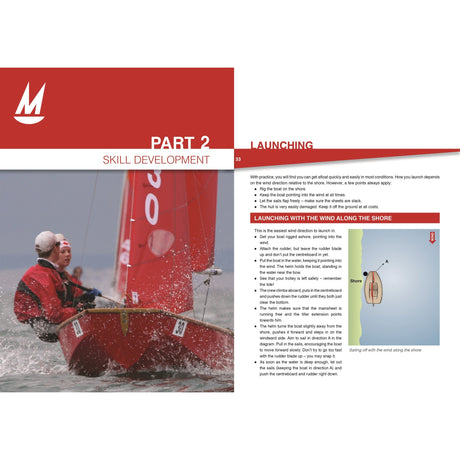 Two sailors in red jackets navigate a Mirror dinghy. Featured in the Mirror Book by Fernhurst Books, one page reads "Part 2 Skill Development," while the other gives sail tips and a diagram on launching with wind along the shore.