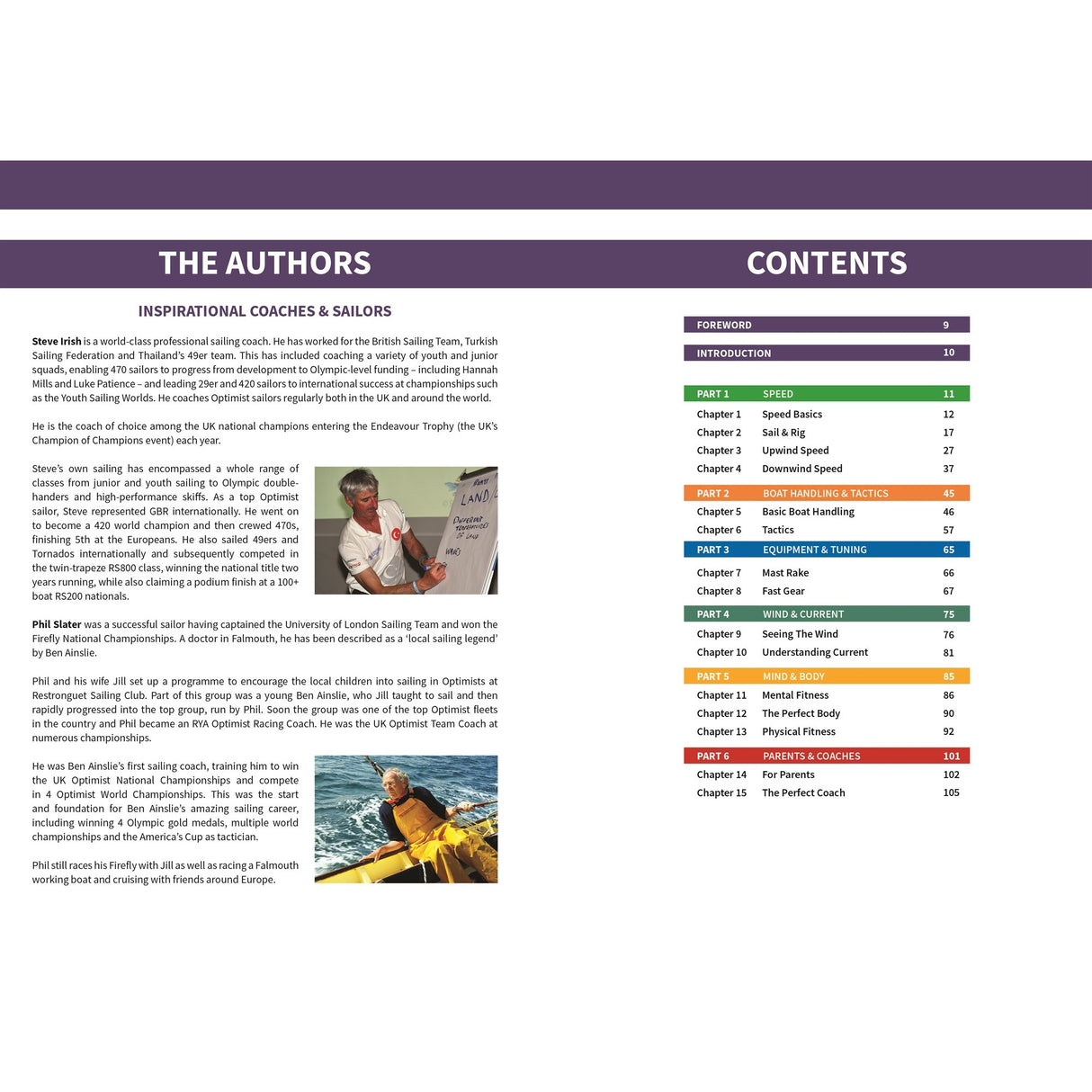 A two-page spread in Fernhurst Books' "Optimist Racing" displays author bios on the left and a color-coded contents section on the right, listing chapters about junior sailing, training, and Optimist racing.