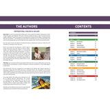 A two-page spread in Fernhurst Books' "Optimist Racing" displays author bios on the left and a color-coded contents section on the right, listing chapters about junior sailing, training, and Optimist racing.