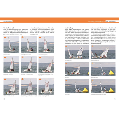 Fernhurst Books’ Optimist Racing offers a step-by-step visual guide for junior sailors, featuring The Two-Rave Tacky and Double Tacking maneuvers, instructional text, and numbered photos in an Optimist on open water.