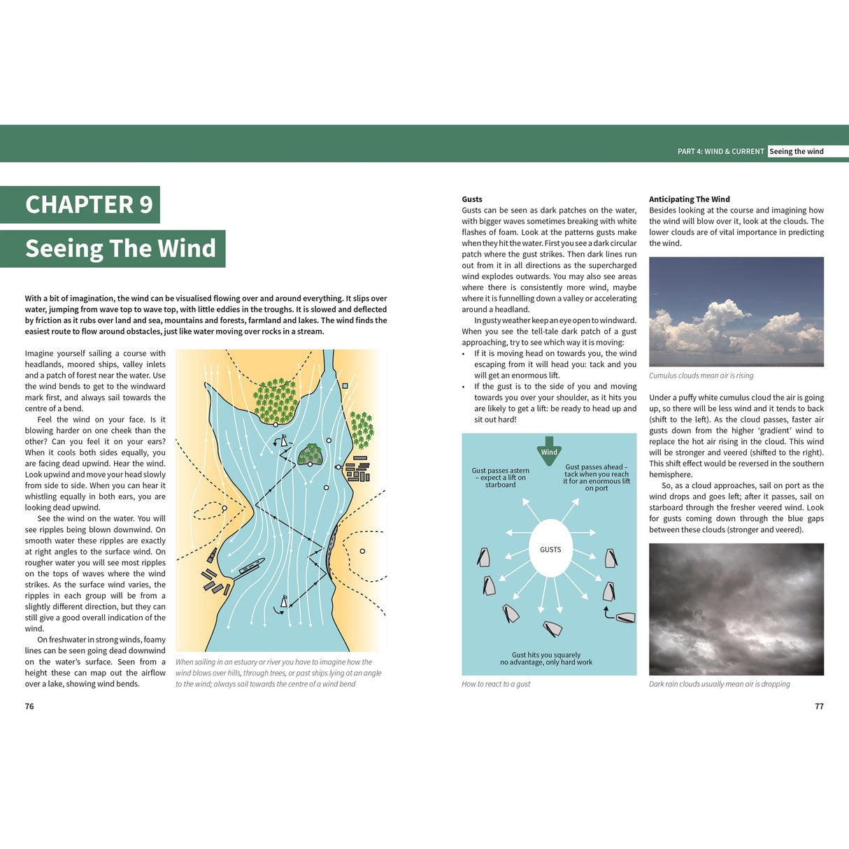 An open book from Fernhurst Books' "Optimist Racing" displays Chapter 9, "Seeing The Wind," with diagrams and illustrations teaching wind flow, gusts, and cloud shapes—essential for junior sailors predicting weather.