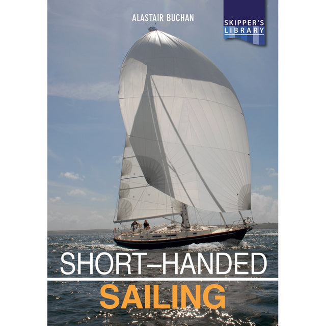 Two people sail an ocean boat under a large sail, reflecting the essence of short-handed sailing beneath a partly cloudy sky. The cover shows "Short-Handed Sailing" by Fernhurst Books.