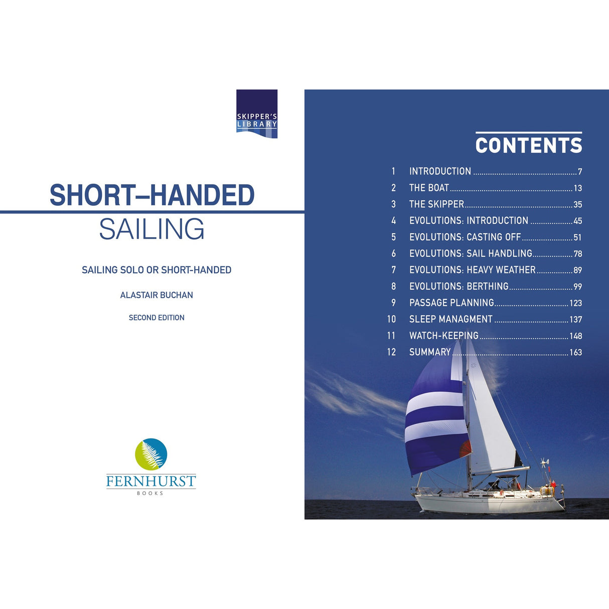 A book cover and contents page for "Short-Handed Sailing" by Fernhurst Books, featuring a sailboat at sea. The contents include chapters such as Introduction, The Boat, The Skipper, and Evolutions.