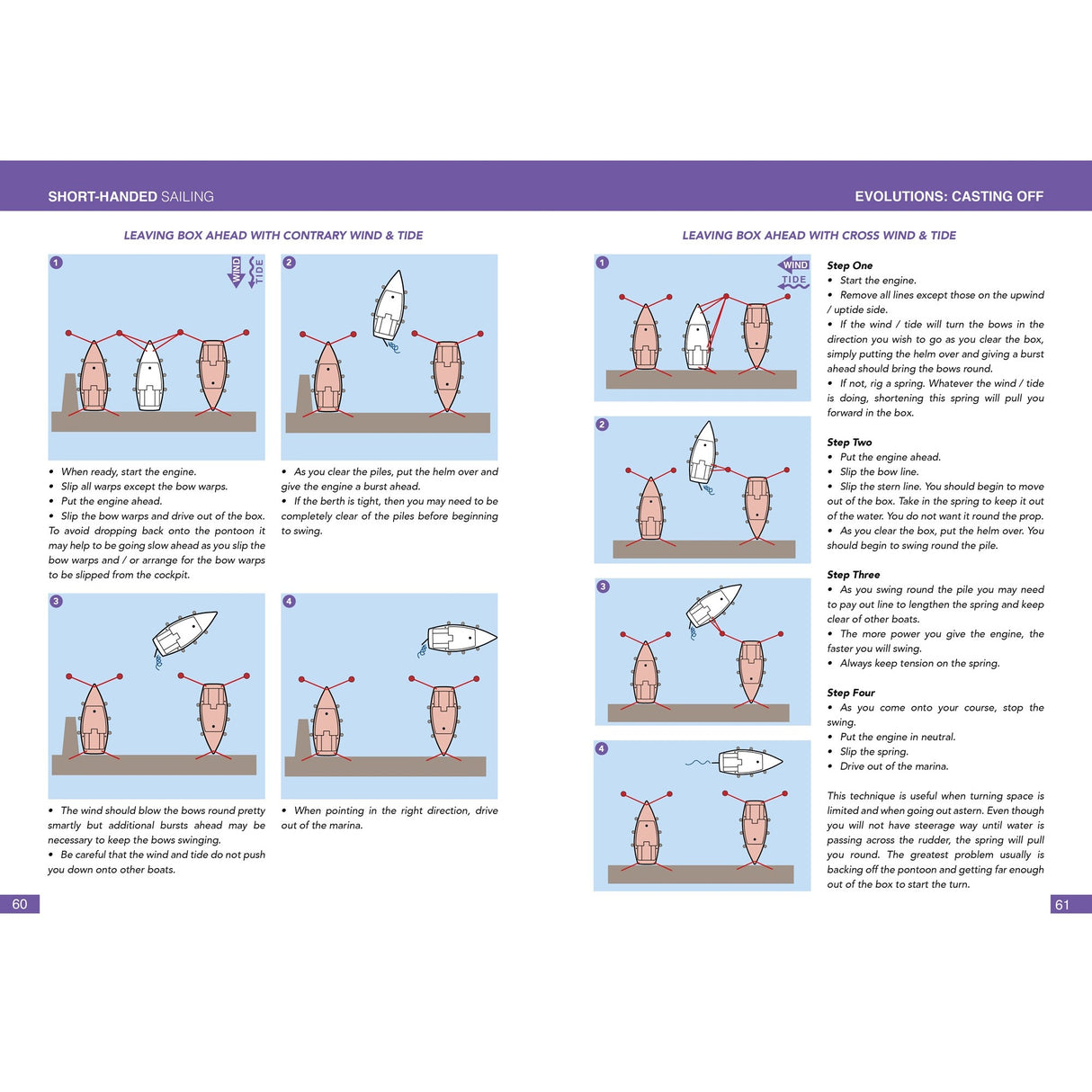 Two illustrated pages from "Short-Handed Sailing" by Fernhurst Books show step-by-step diagrams for leaving a dock with contrary or cross wind and tide, using sailboats and arrows to demonstrate key maneuvers.