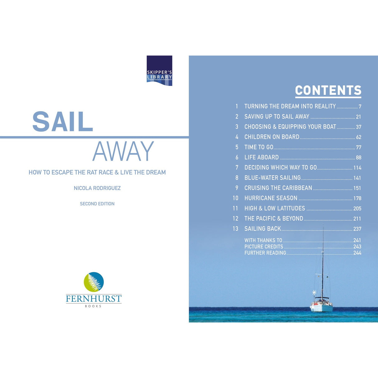 Book cover for "Sail Away" by Fernhurst Books, showing a sailboat on calm blue water, with a table of contents covering blue water sailing and Mediterranean cruising.