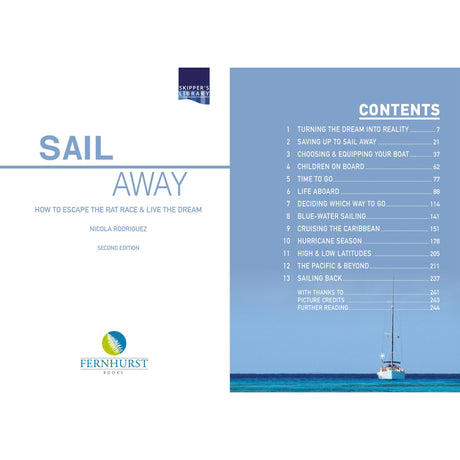 Book cover for "Sail Away" by Fernhurst Books, showing a sailboat on calm blue water, with a table of contents covering blue water sailing and Mediterranean cruising.