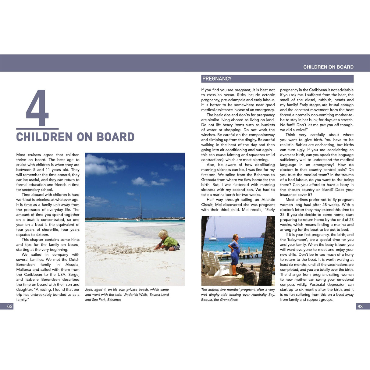 A magazine spread titled "Children on Board" features text from Fernhurst Books' "Sail Away," including blue water sailing with children, a photo of kids on a sandy beach by a sailboat, and a family dining outdoors by the sea.