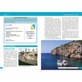 A magazine spread for Fernhurst Books' Sail Away features text about Mediterranean cruising, a postcard graphic, and a photo of three sailboats anchored near steep cliffs and crystal-clear blue water.