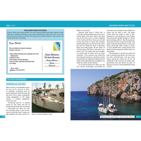 A magazine spread for Fernhurst Books' Sail Away features text about Mediterranean cruising, a postcard graphic, and a photo of three sailboats anchored near steep cliffs and crystal-clear blue water.