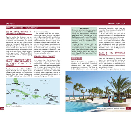 The two-page "Sail Away" spread from Fernhurst Books features text and images on blue water sailing north from the Caribbean, a charted ocean passage map, and a Punta Cana beach photo with palm trees and lounge chairs.