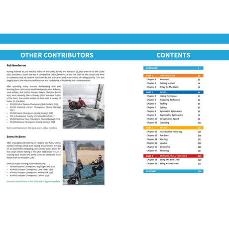 A book spread from Fernhurst Books’ "Crewing To Win" features contributor bios and sailing photos on the left, with a chapter list on team roles, equipment, and crewing skills on the right. Blue headers distinguish each section.