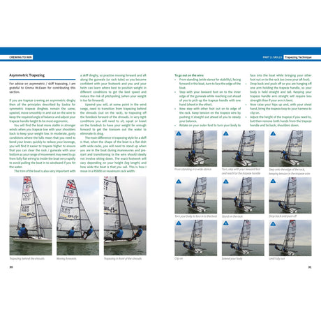 “Crewing To Win” by Fernhurst Books offers a 2-page guide on asymmetric trapezing, featuring step-by-step instructions alongside sequential photos of a sailing crew’s movements on a racing boat under sail.