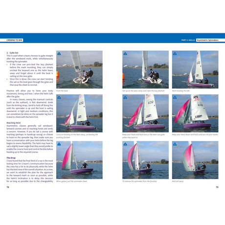 Crewing To Win by Fernhurst Books is a step-by-step sailing guide featuring nine photos of a crew maneuvering a pink and white sailboat on a lake, demonstrating crewing skills and the gybing technique in calm weather.