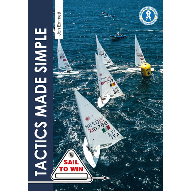 Aerial view of sailboats racing around a yellow buoy, featured on the cover of "Tactics Made Simple" by Fernhurst Books, highlights key sailing tactics with a "Sail to Win" sign in the corner.