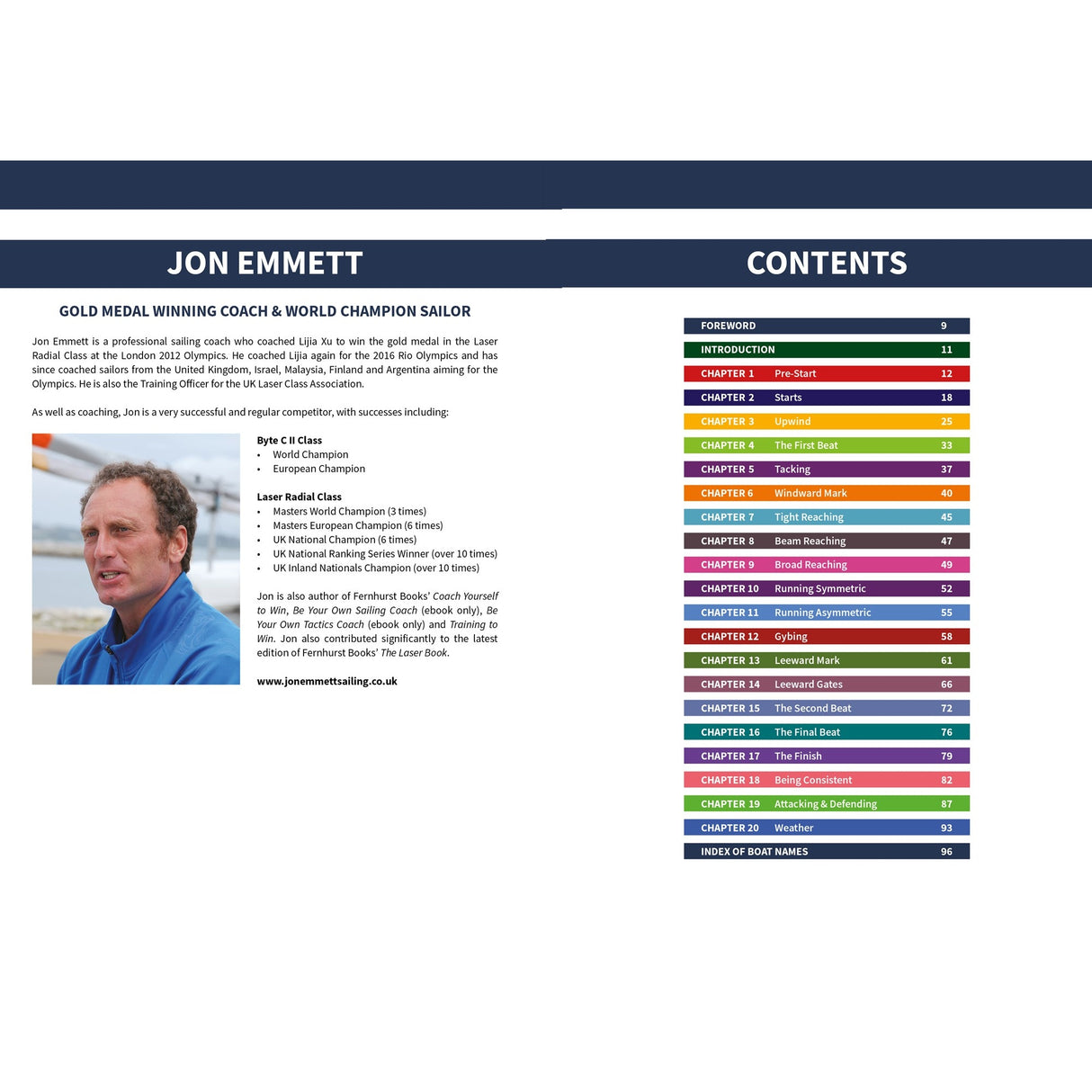 A two-page spread from "Tactics Made Simple" by Fernhurst Books: The left page shows a photo and biography of world champion sailing coach Jon Emmett; the right page displays the colorful table of contents on racing tactics.