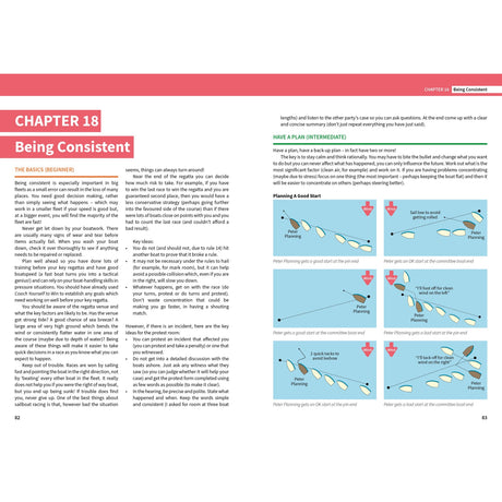 A two-page spread from "Tactics Made Simple" by Fernhurst Books, titled "CHAPTER 18 BEING CONSISTENT," shows text columns and four boat diagrams with arrows, illustrating winning sailboat racing tactics.