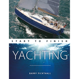 The "Yachting: Start To Finish" book by Fernhurst Books features a cover showing a blue and white sailboat from above, with sunlight rays in the water, reflecting this comprehensive sailing guide’s spirit.
