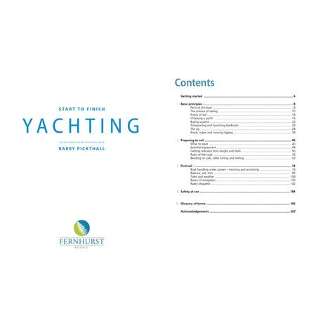 The image shows the cover and table of contents for "Yachting: Start To Finish" from Fernhurst Books, featuring sections like Basic Principles, Sailing Skills, First Sail, Glossary, and Acknowledgements.
