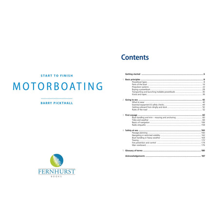 The image shows the title page and table of contents for "Motorboating: Start To Finish" by Fernhurst Books, covering basics, navigation, safety, boat handling, key principles, and a glossary.