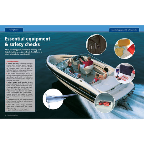 A family enjoys boating, guided by "Motorboating: Start To Finish" from Fernhurst Books. Insets highlight essentials like a two-way radio, first aid kit, flares, fire extinguisher, anchor, life jackets, map, and safety tips.