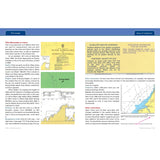 Motorboating: Start To Finish by Fernhurst Books features textbook pages with navigation charts, maps, satellite-derived positions, chart corrections, diagrams, and map snippets to explain maritime navigation and boat handling concepts.