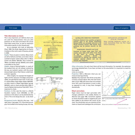Motorboating: Start To Finish by Fernhurst Books features textbook pages with navigation charts, maps, satellite-derived positions, chart corrections, diagrams, and map snippets to explain maritime navigation and boat handling concepts.