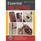 Book cover for Fernhurst Books' "Essential Boat Electrics," showing electrical testing tools and components with orange and white accents, focusing on troubleshooting faults in yachts and motorboats.
