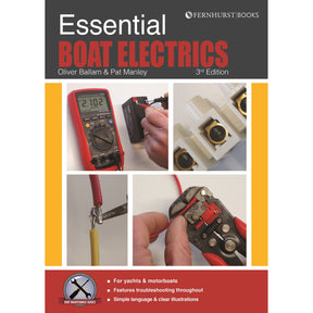 Book cover for Fernhurst Books' "Essential Boat Electrics," showing electrical testing tools and components with orange and white accents, focusing on troubleshooting faults in yachts and motorboats.